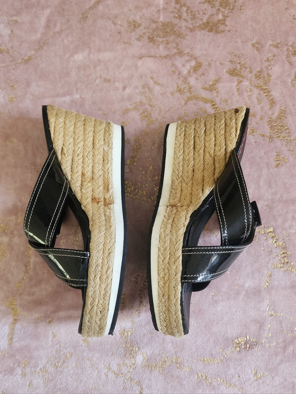 PRADA | Black Patent Leather Espadrille Wedge Sandals with Jute Platform - Picture 12 of 16